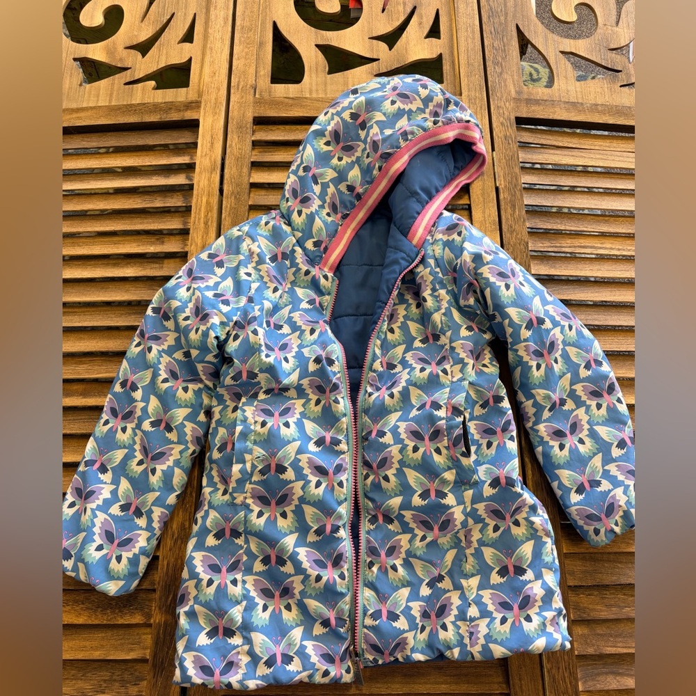Hatley Kids Butterfly Print Reversible Puffer Hooded Jacket Winter Coat Size 7